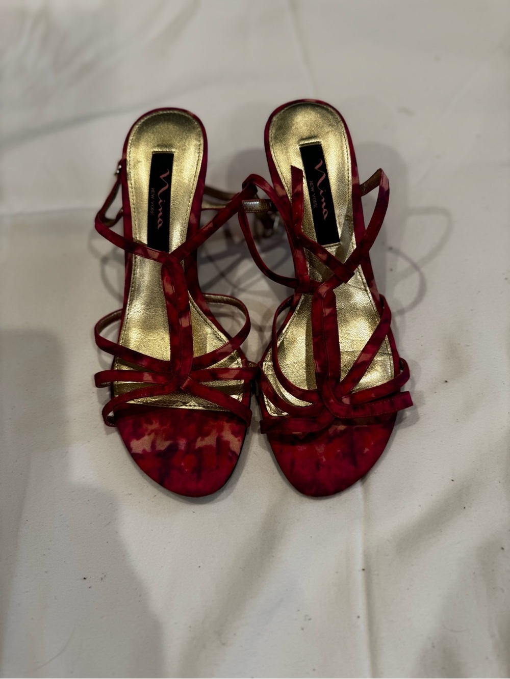 Nina Red Strappy Satin Heels with Gold Insole